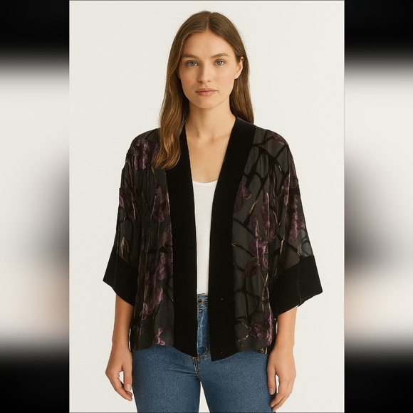 Vintage Silk Velvet Burnout Kimono Topper - Picture 1 of 5